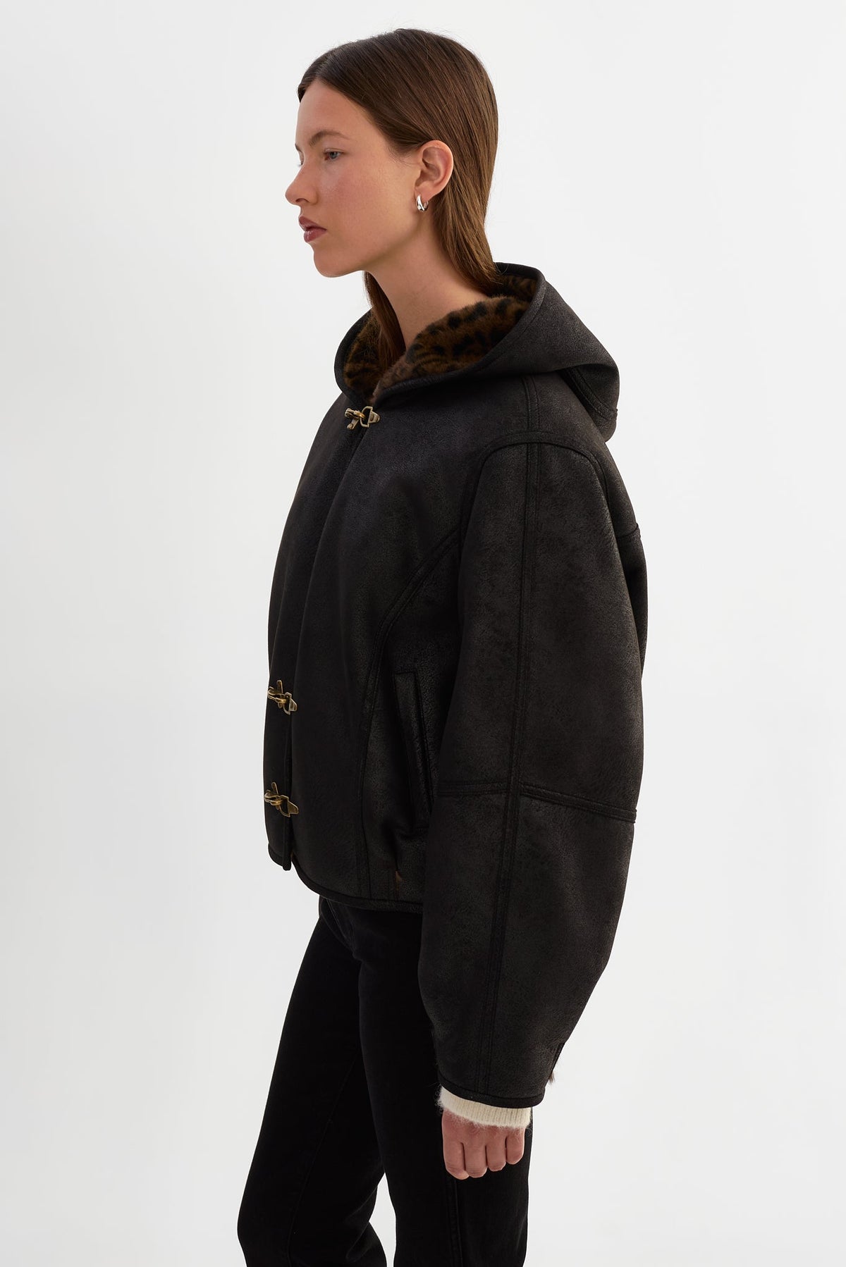 Sheryll Hooded Faux Suede Jacket - Black/Leo