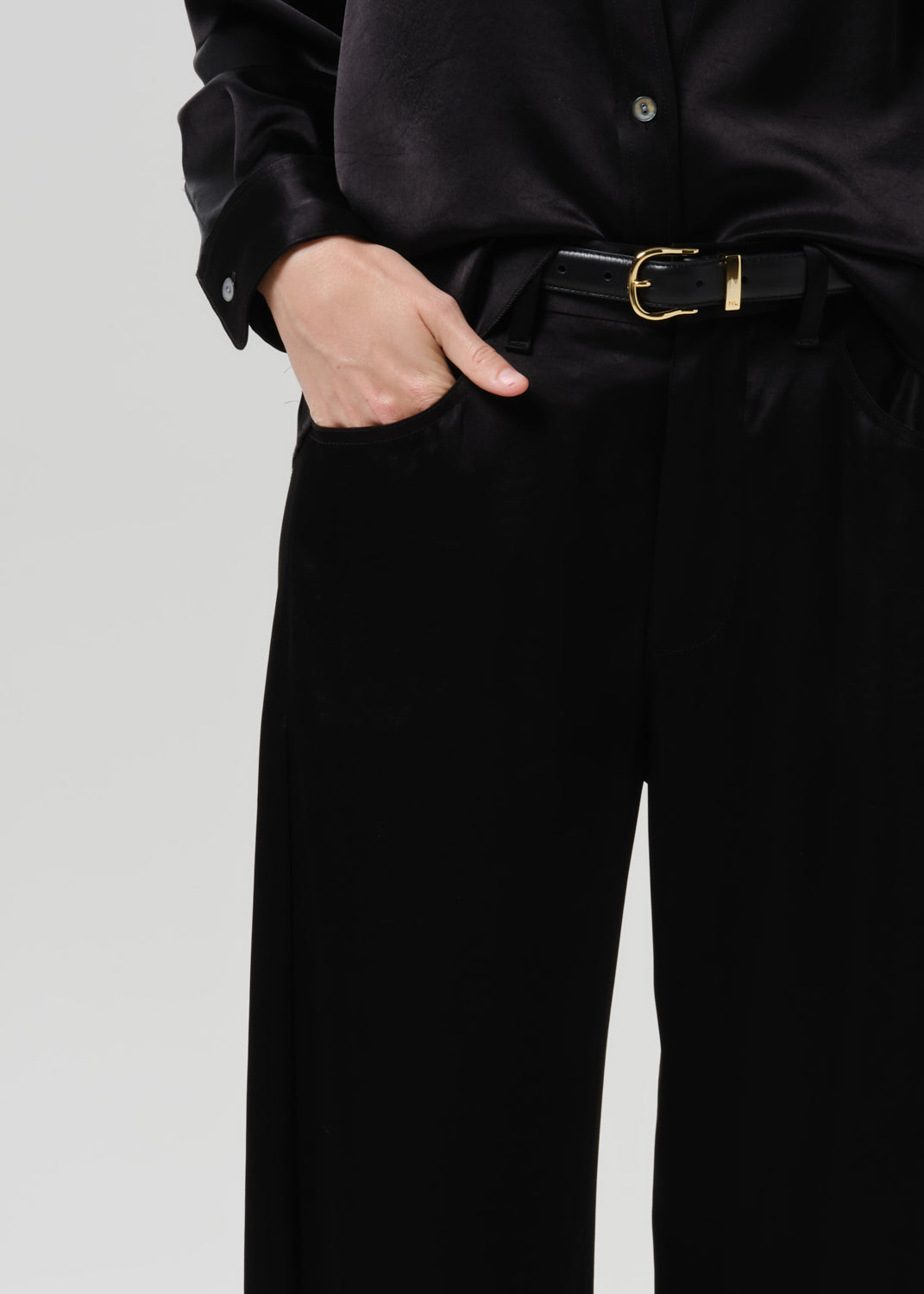 Brynn Japanese Hammered Satin Trouser in Black - detail