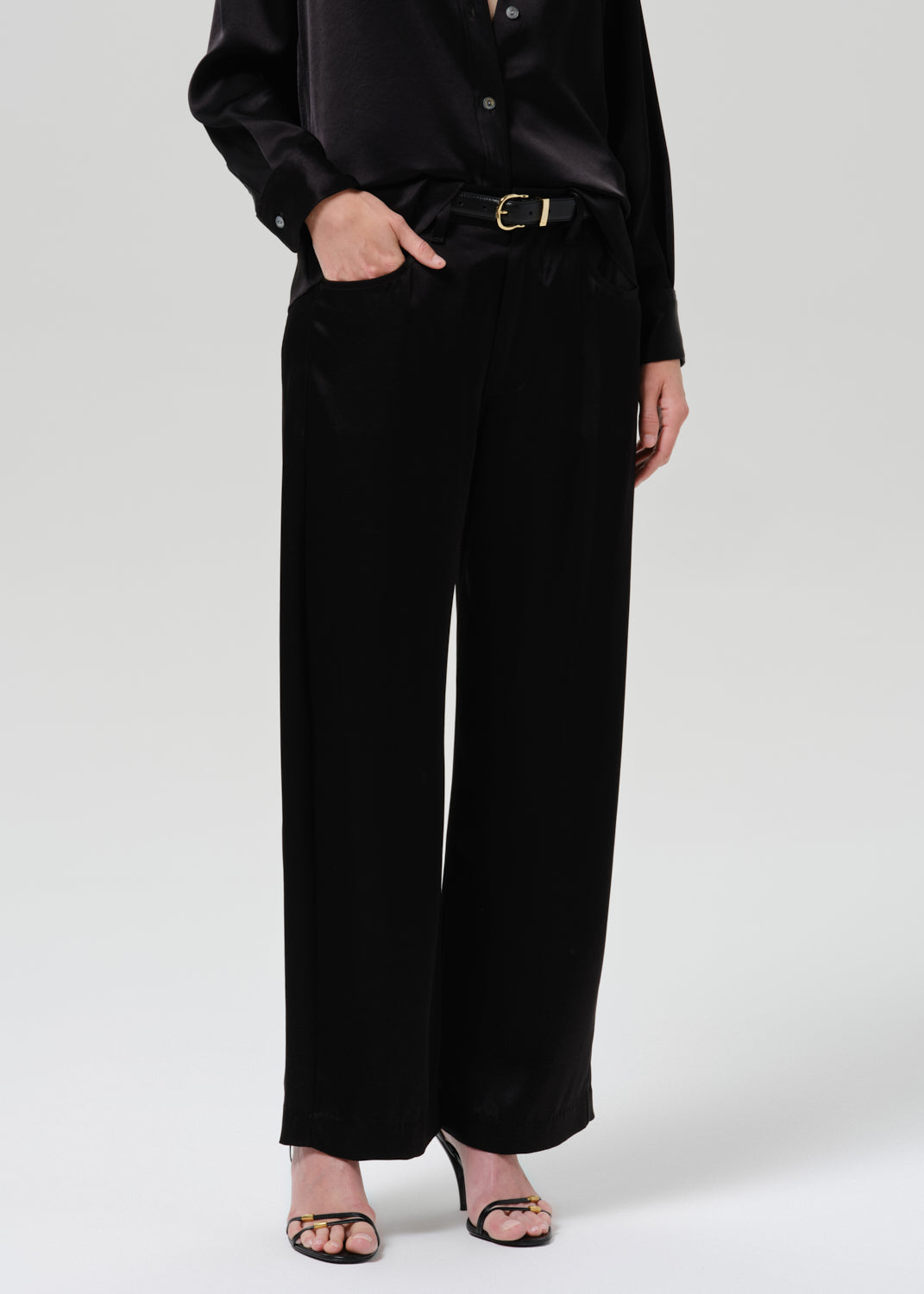 Brynn Japanese Hammered Satin Trouser in Black - styled