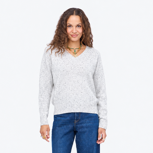 Kerri Rosenthal Frenchie Featherweight Cashmere Patch Sweater in Fossil Gray Donegal, front