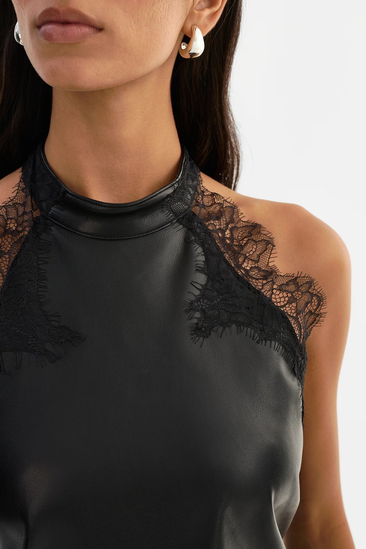GINNY Lace Trim Faux Leather Top