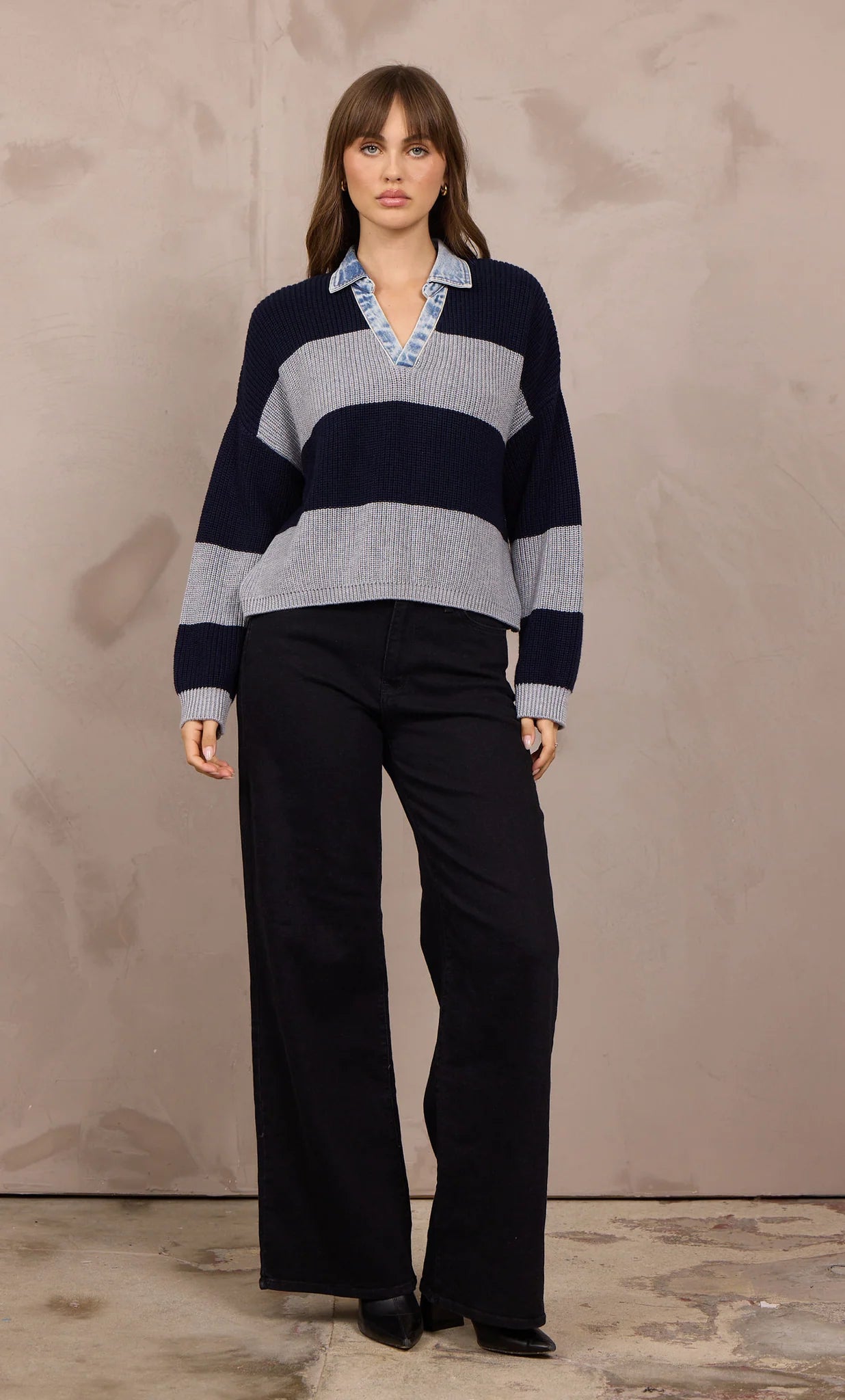 VH Heather Grey w Navy Stripe Sweater