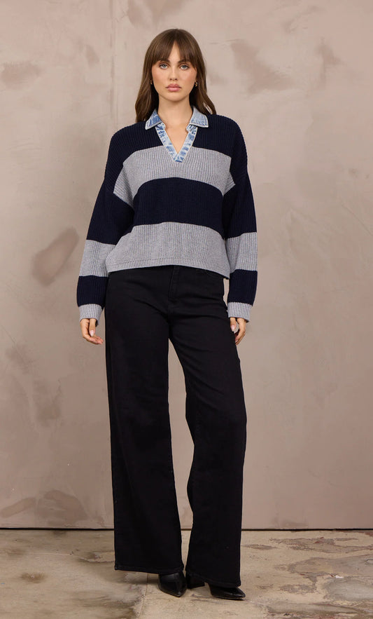 VH Heather Grey w Navy Stripe Sweater