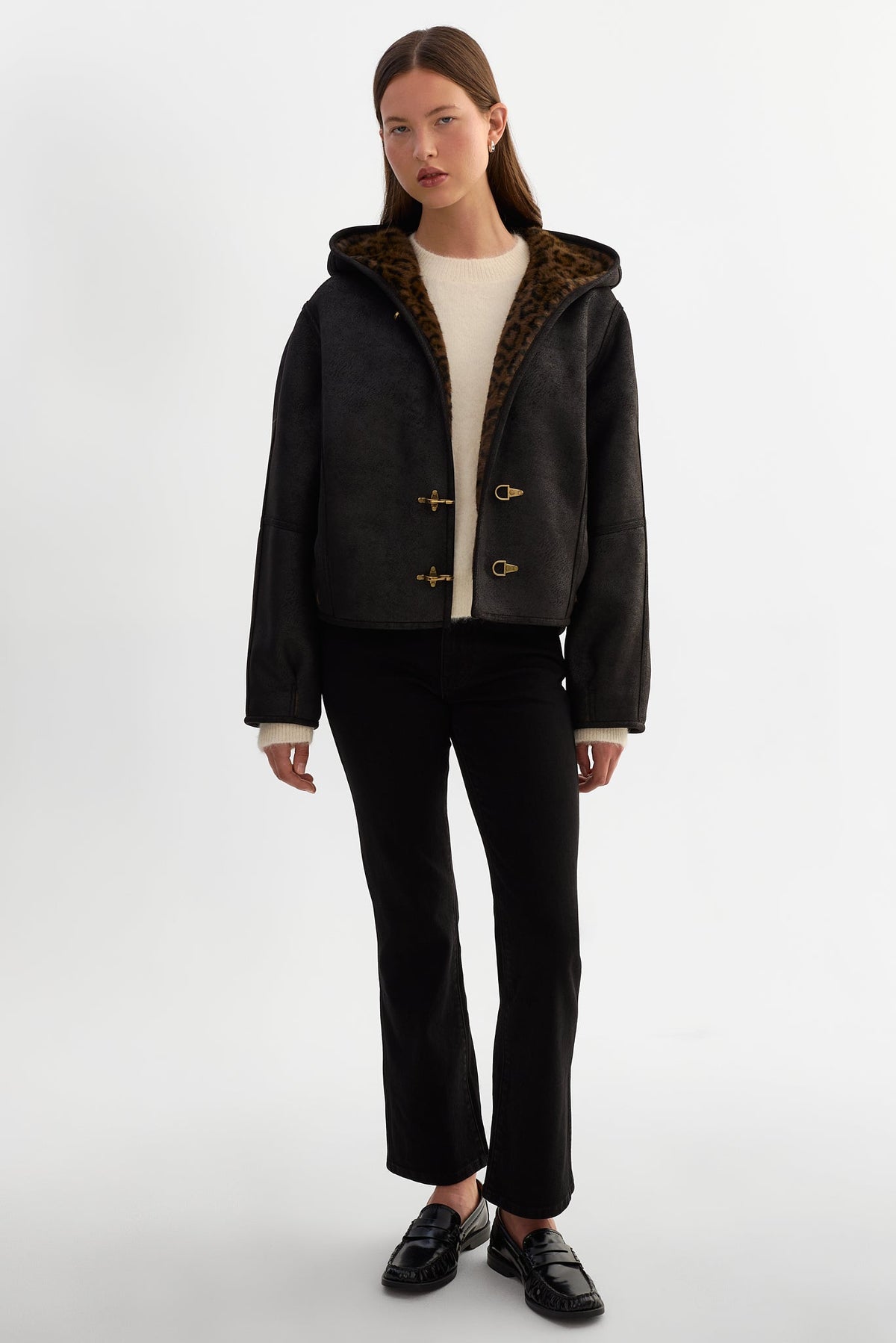 Sheryll Hooded Faux Suede Jacket - Black/Leo