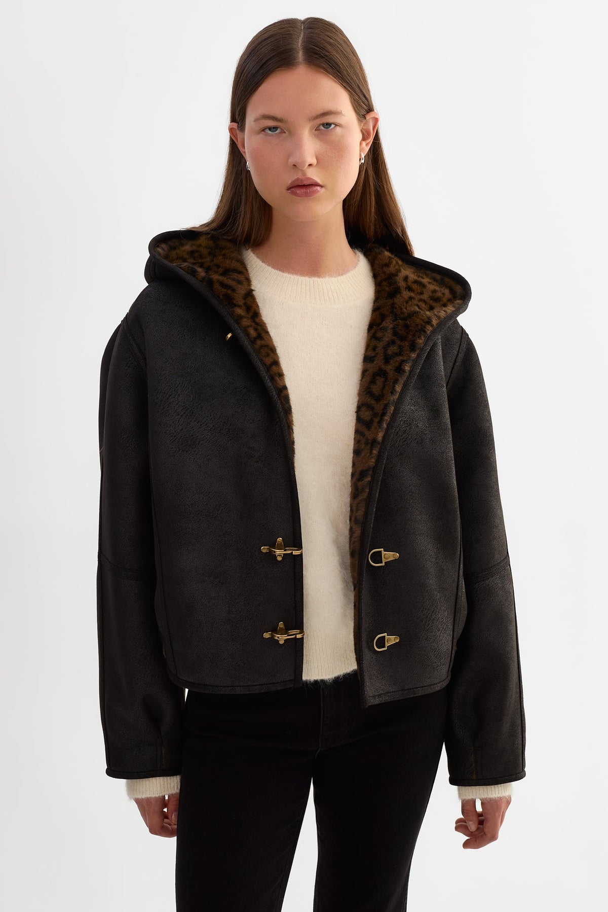 Sheryll Hooded Faux Suede Jacket - Black/Leo