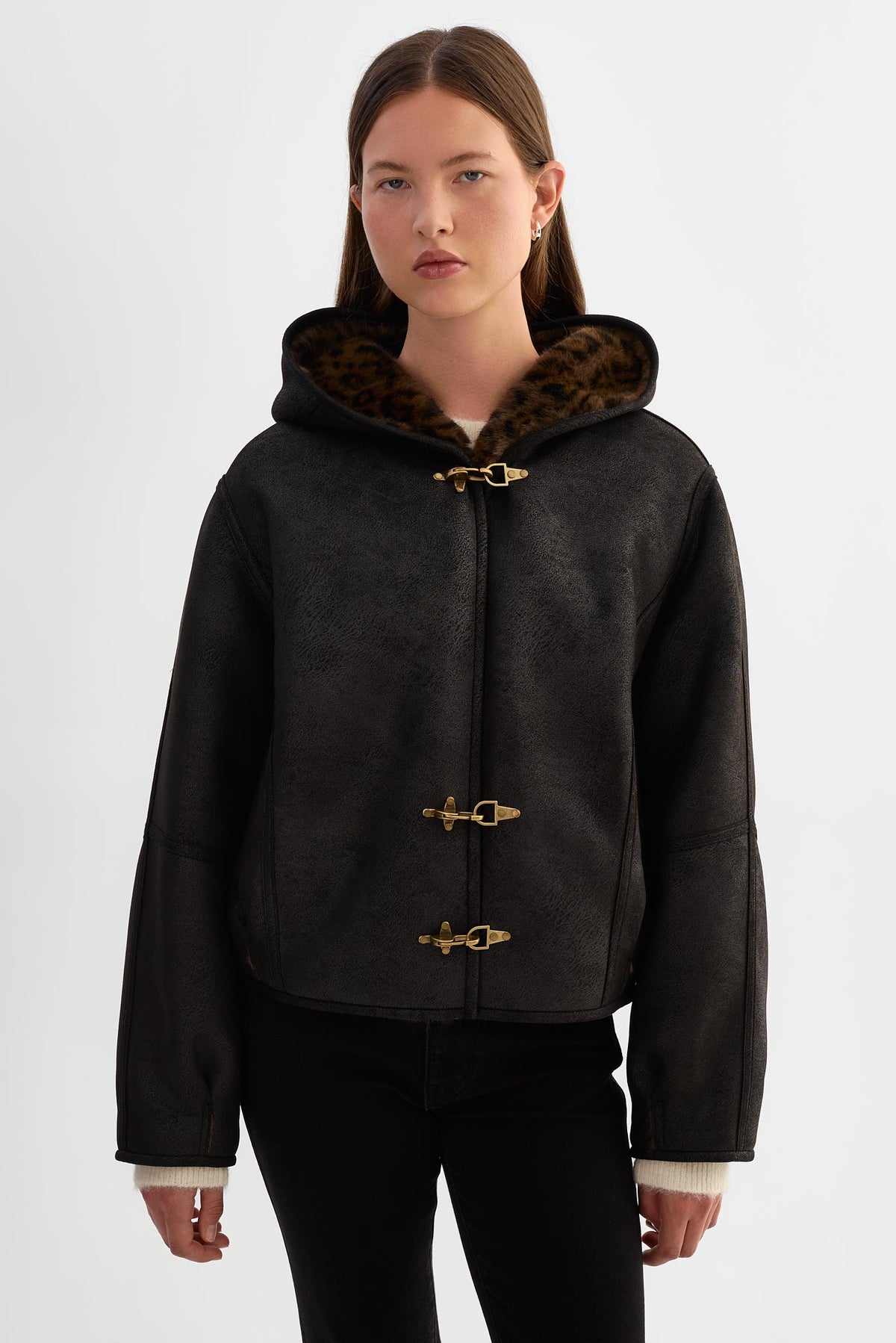 Sheryll Hooded Faux Suede Jacket - Black/Leo