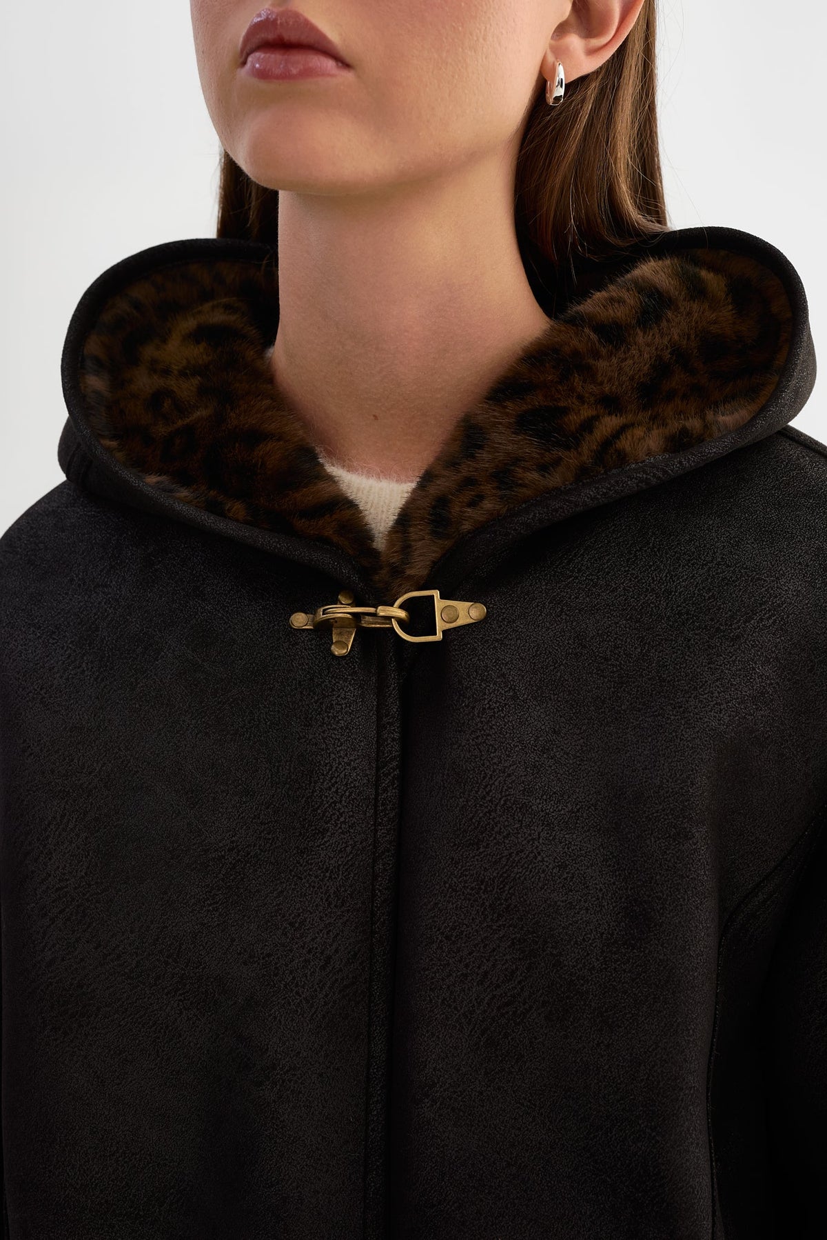Sheryll Hooded Faux Suede Jacket - Black/Leo