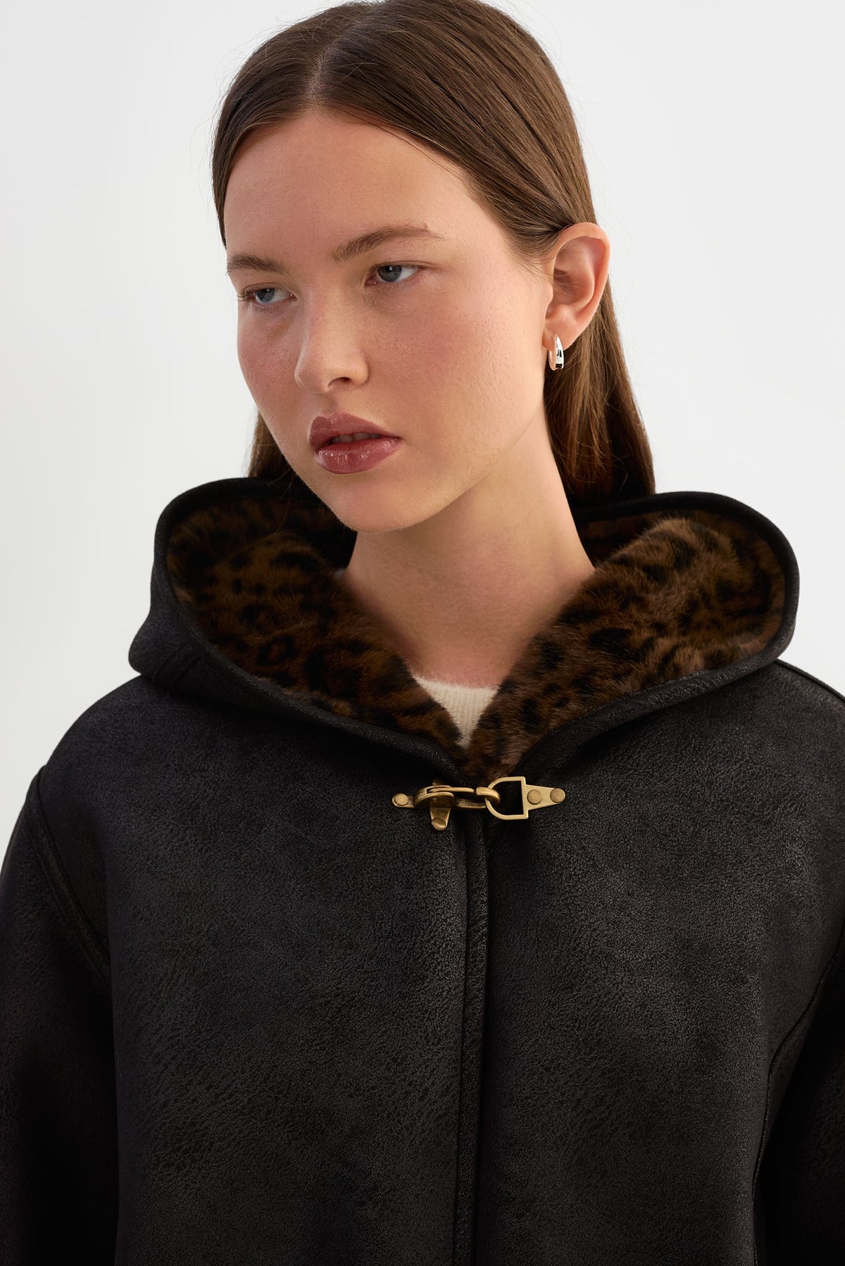 Sheryll Hooded Faux Suede Jacket - Black/Leo