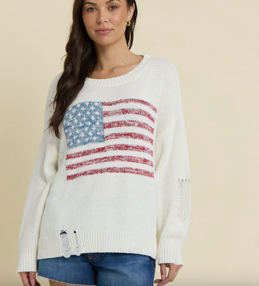Ivory w/Heathered Distressed American Sweater