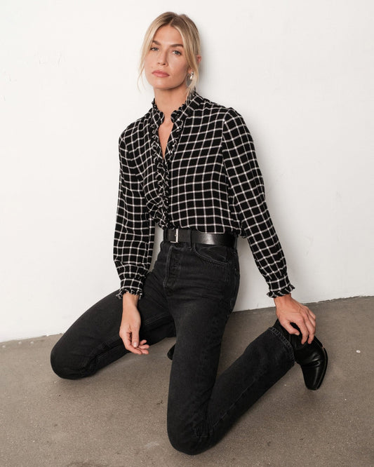 Bella Dahl Button Down Shirt with Ruffle Edges - Black and White Plaid