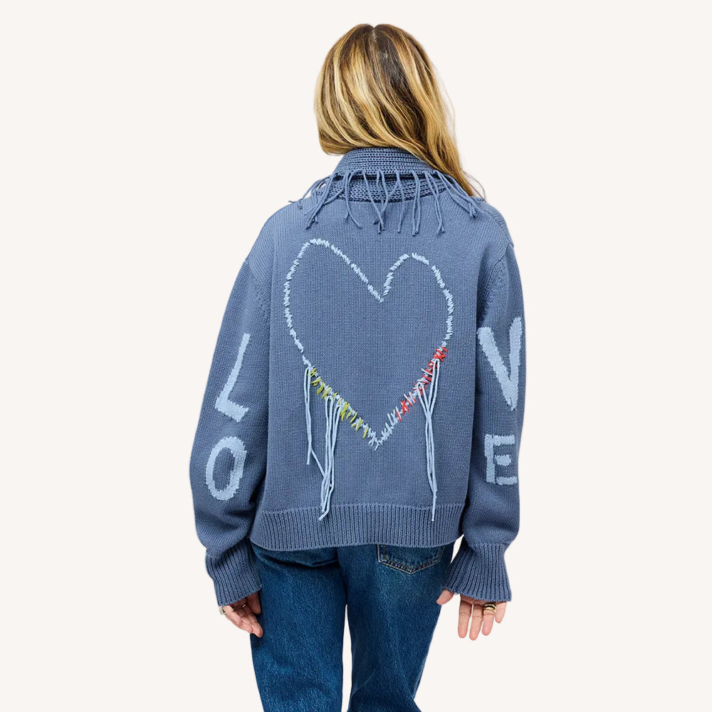 Fringe Shawl Collar Love Cardigan