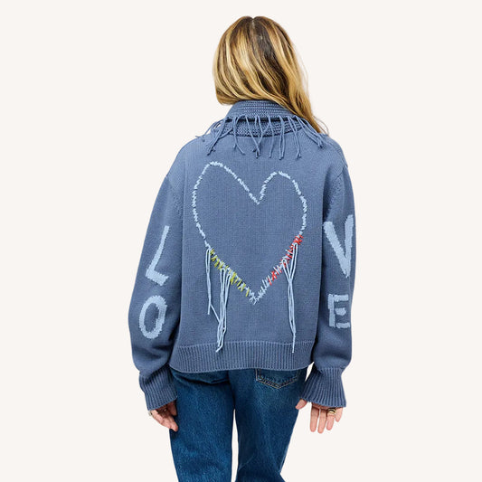 Fringe Shawl Collar Love Cardigan